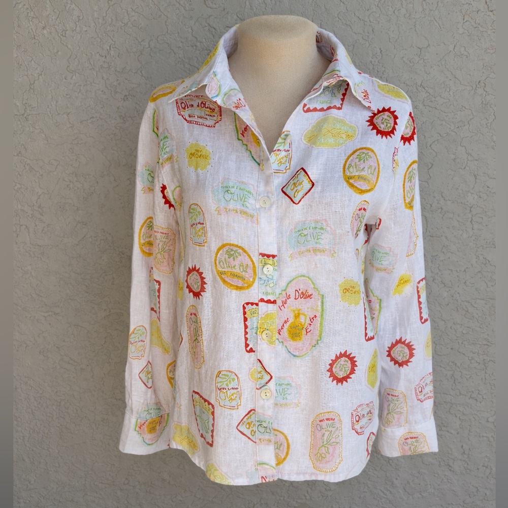 Cynthia Rowley Mediterranean Olive Oil Print 100% Line. Button Down Shirt S